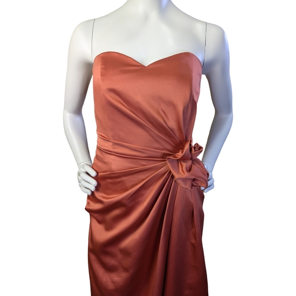 Burnt Orange Satin Strapless Cocktail Dress w/ Draped Rosette Detail, Size 6 - Picture 3 of 8